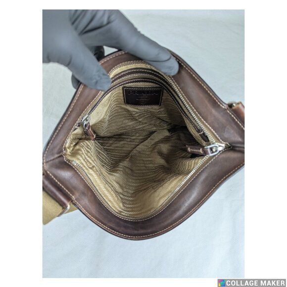 Prada Jacquard Logo Shoulder Bag Leather Canvas Brown Used Authentic F/Shipping - Picture 4 of 13